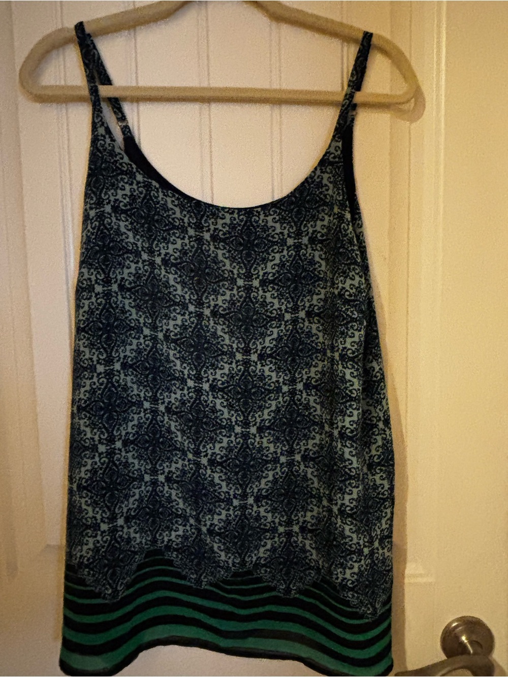 CAbi Blue Printed Spaghetti-Strap Camisole with Green Stripe Hem